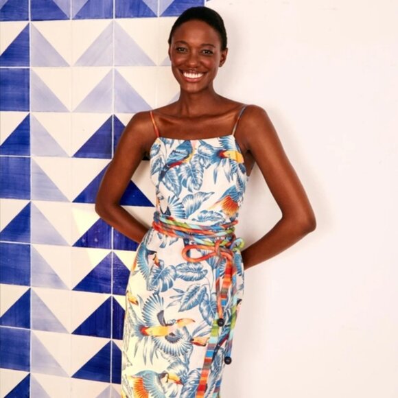 Farm Rio Flying Toucans Open Back Dress Linen Belted Slit Wrap Scoop Back V Neck - Picture 1 of 15